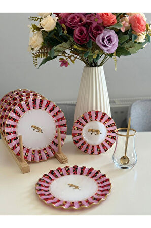 Pembe Leopar 24 parça 6 Kişilik Tatlı Tabaklı Çay Seti