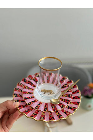 Pembe Leopar 24 parça 6 Kişilik Tatlı Tabaklı Çay Seti