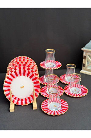 6 Kişilik 18 parça Pembe Kelebekli Pasta Tabaklı Çay Seti