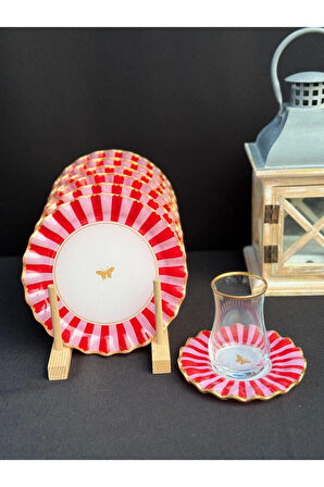 6 Kişilik 18 parça Pembe Kelebekli Pasta Tabaklı Çay Seti