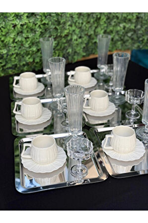 6 Kişilik Lüks Porselen Papatya Metal Tepsili Kahve Sunum Seti