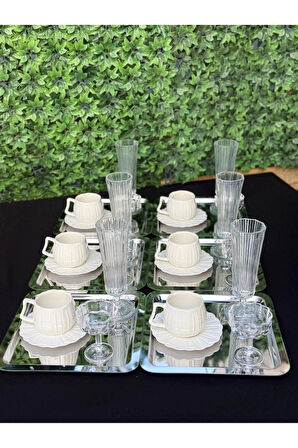 6 Kişilik Lüks Porselen Papatya Metal Tepsili Kahve Sunum Seti