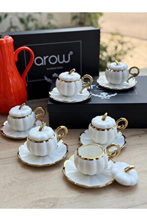 AROW 6 Kişilik Lüks Kabaklı Porselen Beyaz Kahve Takımı