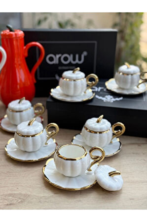 AROW 6 Kişilik Lüks Kabaklı Porselen Beyaz Kahve Takımı