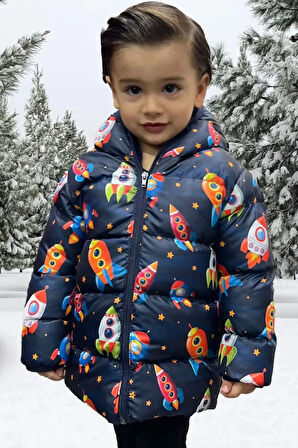 Erkek Çocuk Polarlı Kapüşonlu Roket Desenli Kışlık Şişme Mont & Kaban & Parka
