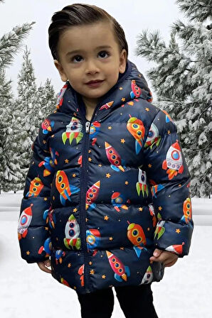 Erkek Çocuk Polarlı Kapüşonlu Roket Desenli Kışlık Şişme Mont & Kaban & Parka