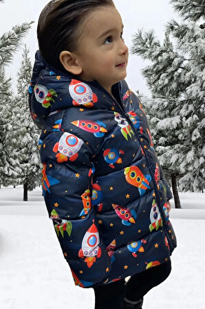 Erkek Çocuk Polarlı Kapüşonlu Roket Desenli Kışlık Şişme Mont & Kaban & Parka