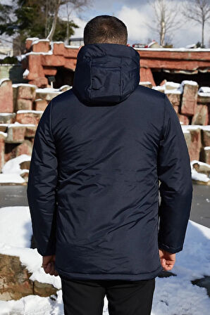 Erkek Lacivert Polarlı Kürklü Su Ve Rüzgar Geçirmez Kapüşonlu Kışlık Mont & Kaban & Parka