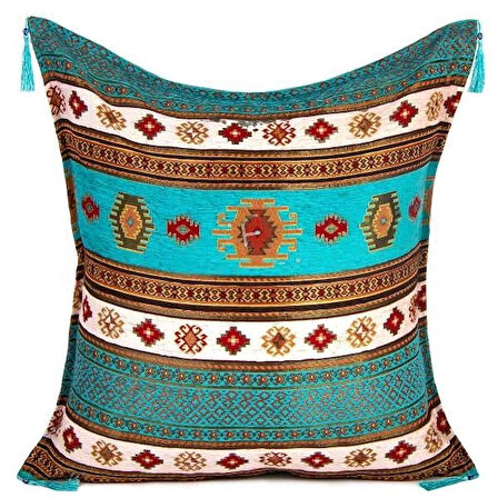 Kilim Desen (70cmx70cm) Şönil Kumaş Püsküllü Kare Ev Bahçe Minder Kılıfı NO1