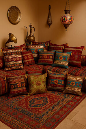 Kilim Desen (70cmx70cm) Şönil Kumaş Püsküllü Kare Ev Bahçe Minder Kılıfı NO14