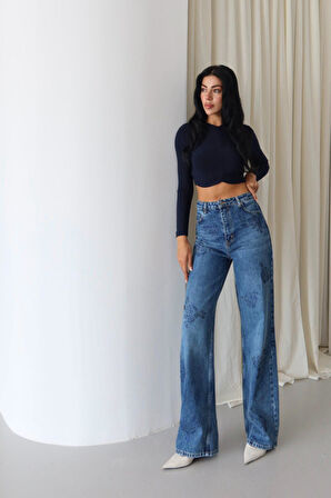 Lacarino 8062-34 Taşlı Wıde Leg Kadın Jean Pantolon