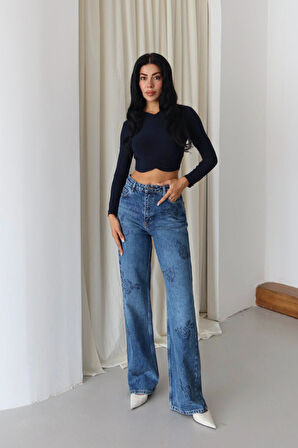Lacarino 8062-34 Taşlı Wıde Leg Kadın Jean Pantolon
