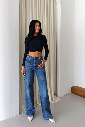 Lacarino 8062-34 Taşlı Wıde Leg Kadın Jean Pantolon