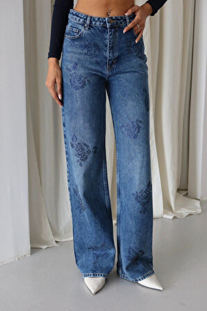 Lacarino 8062-34 Taşlı Wıde Leg Kadın Jean Pantolon