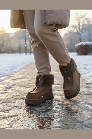 Altın Pabuç Kürk Detaylı Kadın Bot - Sıcak Tutan, Kaymaz Ortopedik Tabanlı Konforlu Kışlık Bot