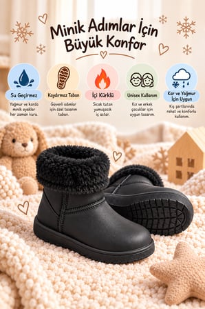 Çocuk Kürklü Bot Su Geçirmez Kaymaz Taban Erkek Kız Unisex İçi Kürklü Çocuk Yağmur Çizmesi Kar Botu