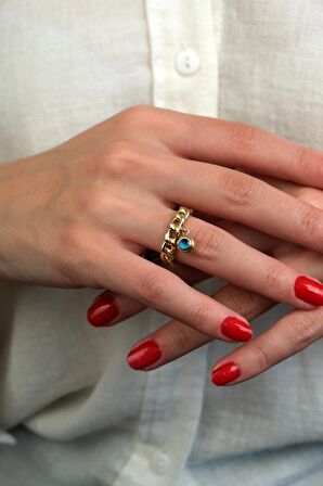 Güzide 14 Ayar Altın Nazar Boncuk Sallantılı Gurmet Yüzük