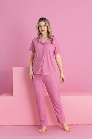 PEMBE DESENLİ DÜĞMELİ PİJAMA TAKIMI