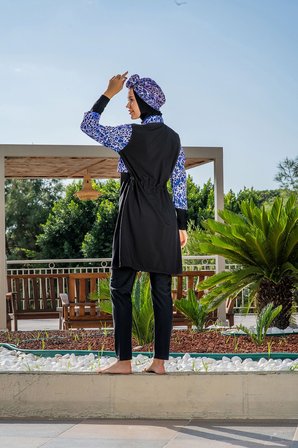 RUKOMAYO SİYAH desenli crop MODEL FERMUARLI Esnek paraşüt(Suİtici,Çabuk Kuruyan)Kumaş TesettürMayo