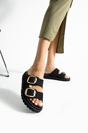 Stato Tekstil-Nappa Hafif Comfort Siyah Kadın Terlik 25Y-1479