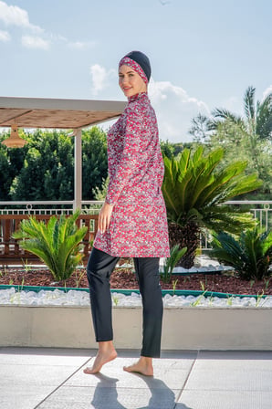 RUKOMAYO KIRMIZI DESENLİ BALIKÇI YAKA BÜYÜK BEDEN Lycra(Suİtici Ve Çabuk Kuruyan)TesettürMayo