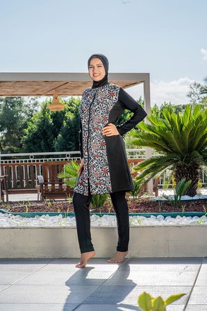 RUKOMAYO SİYAH DESENLİ FERMUARLI BÜYÜK BEDEN Esnek paraşüt(SuİticiVeÇabukKuruyan)Tesettür Mayo