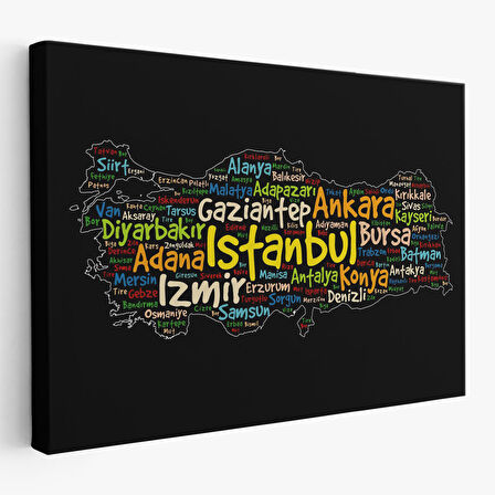 İller İsimli Siyah Zeminli Dekoratif Kanvas Tablo 1005
