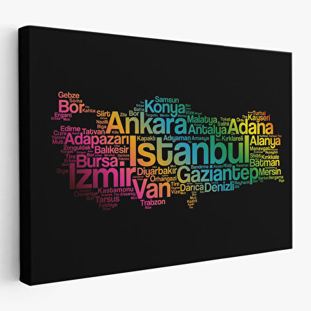 İller İsimli Siyah Zeminli Dekoratif Kanvas Tablo 1016