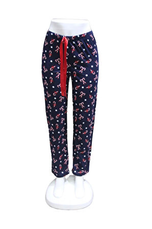 Likralı Kurdele Bel Detaylı Baskılı Cepsiz Kadın Pijama Altı1010