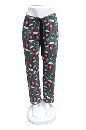 Likralı Kurdele Bel Detaylı Baskılı Cepsiz Kadın Pijama Altı1012