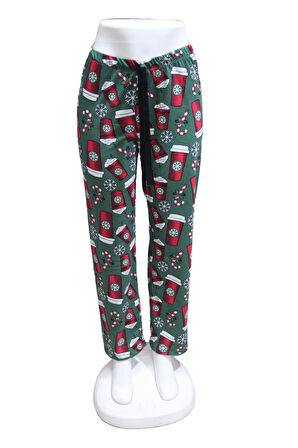Likralı Kurdele Bel Detaylı Baskılı Cepsiz Kadın Pijama Altı1012