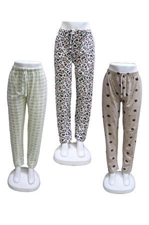  Süprem 3 lü Paket Kurdele Bel Detaylı Baskılı Cepsiz Kadın Pijama Altı1021
