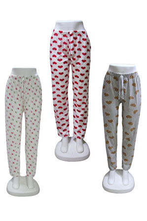 Süprem 3 lü Paket Kurdele Bel Detaylı Baskılı Cepsiz Kadın Pijama Altı1023