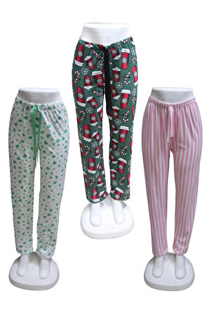 Likralı 3 lü Paket Kurdele Bel Detaylı Baskılı Cepsiz Kadın Pijama Altı1024