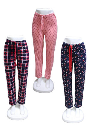 Likralı 3 lü Paket Kurdele Bel Detaylı Baskılı Cepsiz Kadın Pijama Altı1025