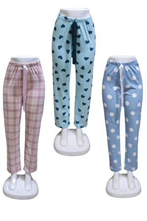 Likralı 3 lü Paket Kurdele Bel Detaylı Baskılı Cepsiz Kadın Pijama Altı1026