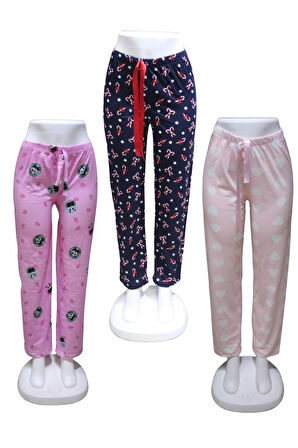 Likralı 3 lü Paket Kurdele Bel Detaylı Baskılı Cepsiz Kadın Pijama Altı1027