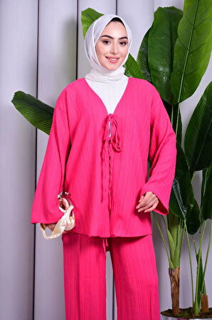 Bağcık Detaylı Pantolonlu Kimono Takım