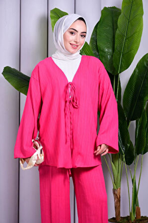 Bağcık Detaylı Pantolonlu Kimono Takım