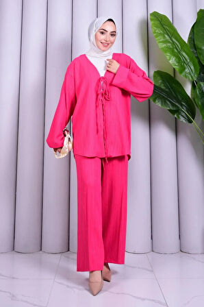 Bağcık Detaylı Pantolonlu Kimono Takım
