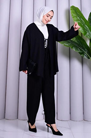 Bağcık Detaylı Pantolonlu Kimono Takım