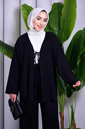Bağcık Detaylı Pantolonlu Kimono Takım