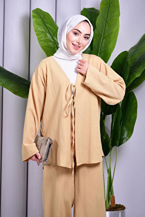 Bağcık Detaylı Pantolonlu Kimono Takım