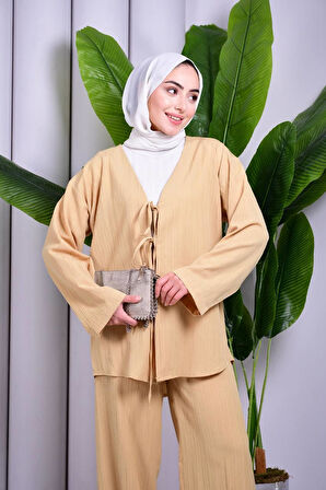 Bağcık Detaylı Pantolonlu Kimono Takım