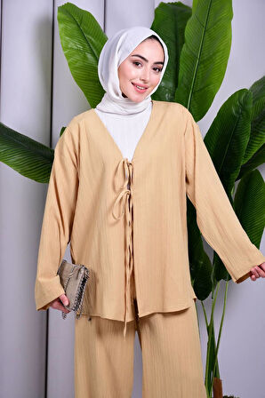 Bağcık Detaylı Pantolonlu Kimono Takım