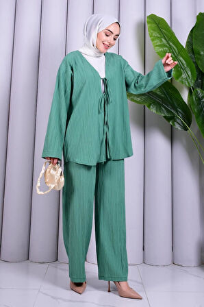 Bağcık Detaylı Pantolonlu Kimono Takım