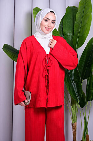 Bağcık Detaylı Pantolonlu Kimono Takım