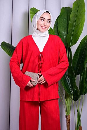 Bağcık Detaylı Pantolonlu Kimono Takım