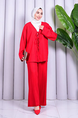 Bağcık Detaylı Pantolonlu Kimono Takım