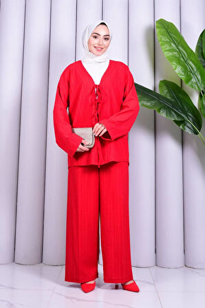 Bağcık Detaylı Pantolonlu Kimono Takım